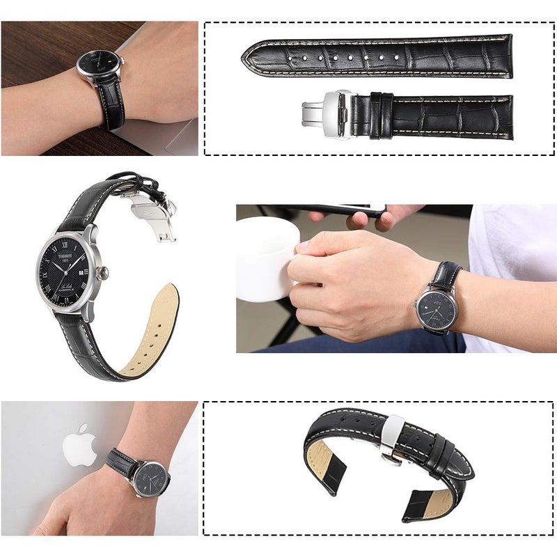 iStrap Leather Watch Band -Alligator Grain Embossed Pattern Calfskin Replacement Strap-Stainless Steel Deployment Buckle with Push Buttons-Bracelet for Men Women-18mm 19mm 20mm 21mm 22mm 24mm - Image 5